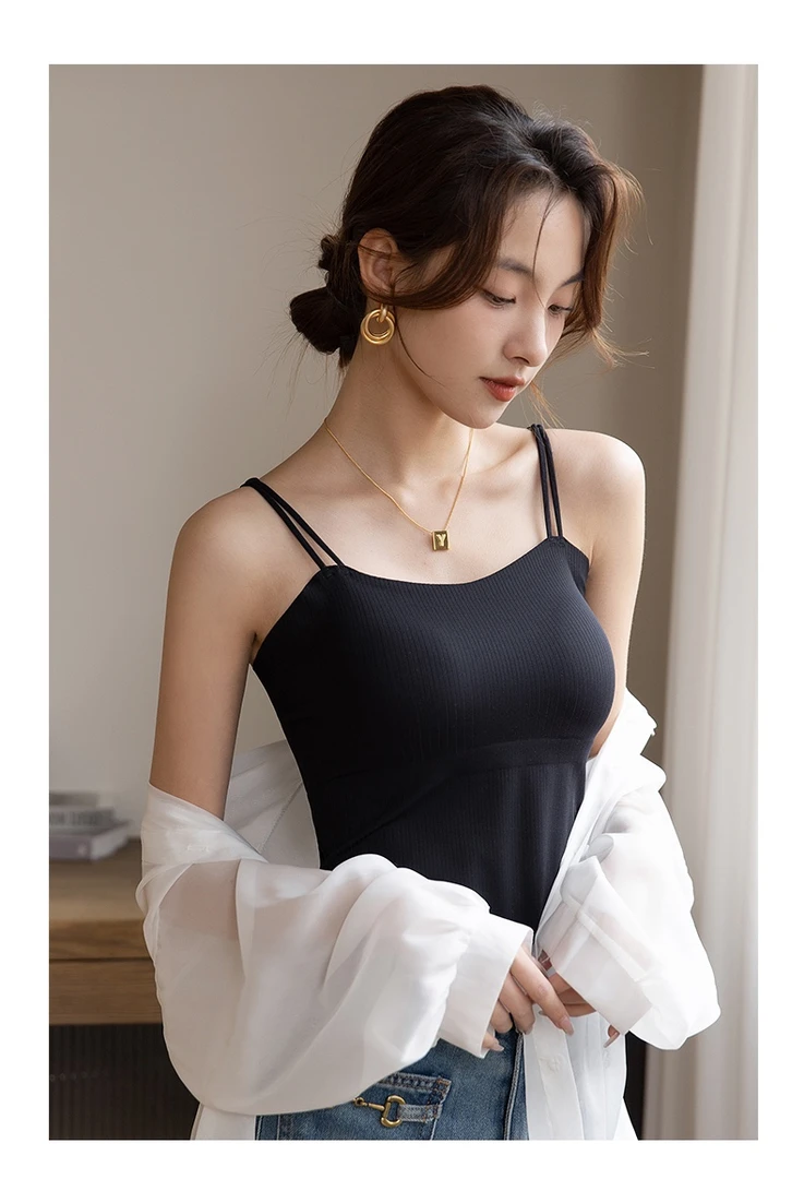 双肩带吊带背心女贴身内搭外穿带胸垫美背通勤白色夏季显瘦百搭