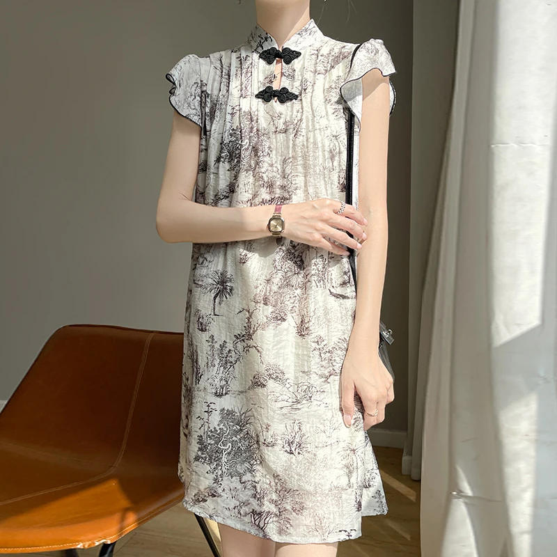 薄国风印花小飞袖女款夏季蕾丝新中式少女复古日常优雅提花连衣裙