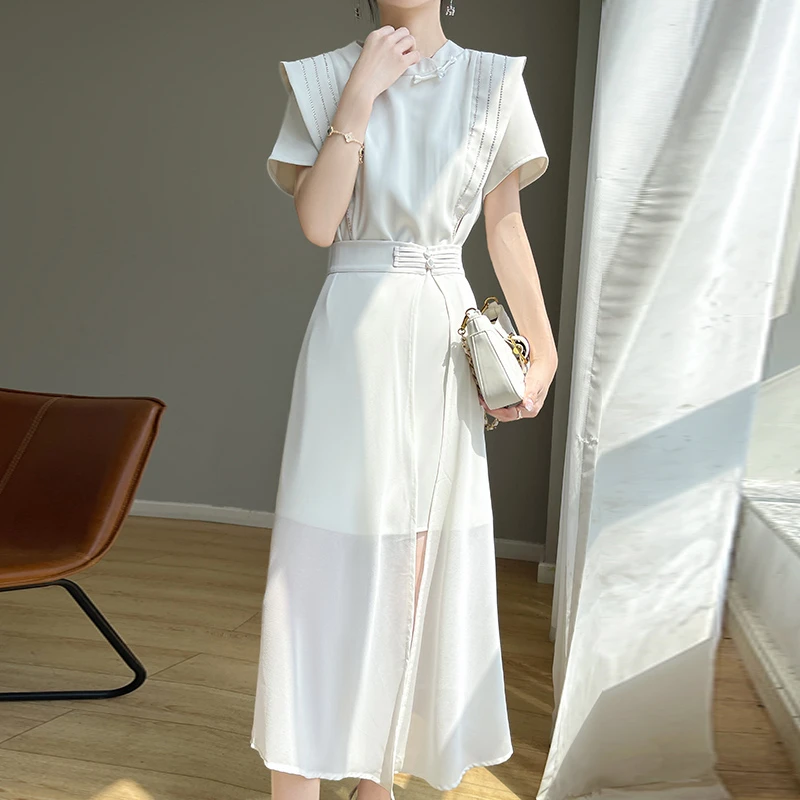 新款一衣多穿烫钻醋酸女装连衣裙法式新中式显瘦气质短袖半裙白色
