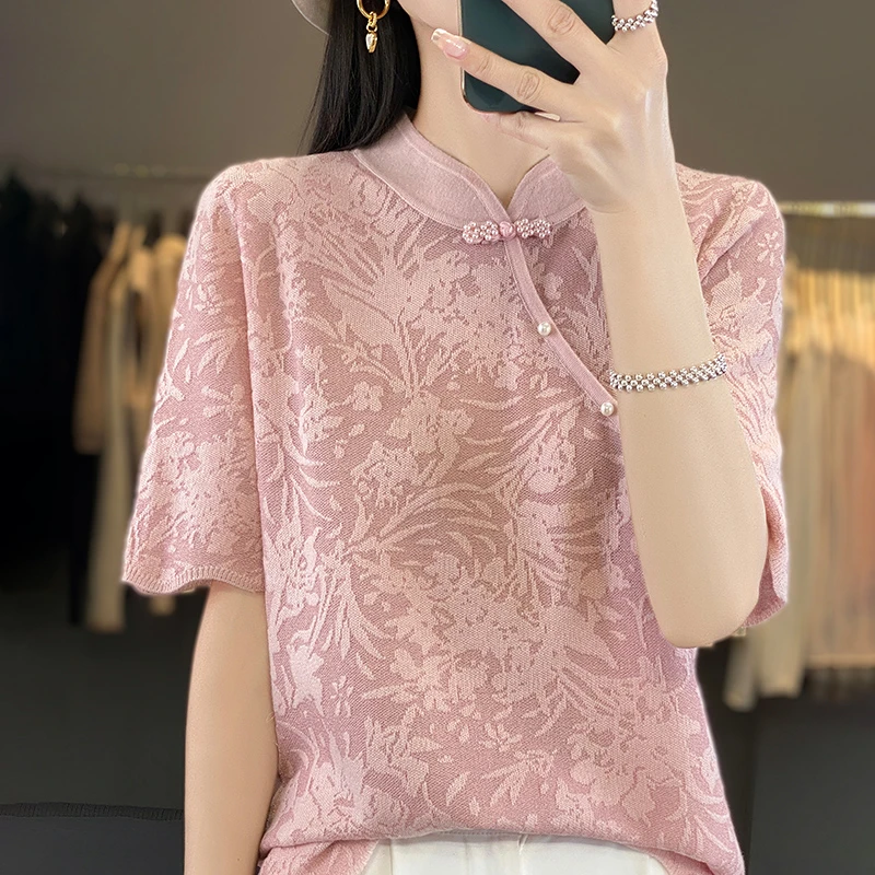 新款中国风羊毛桑蚕丝短袖盘扣女针织短款宽松中式显瘦气质夏T恤