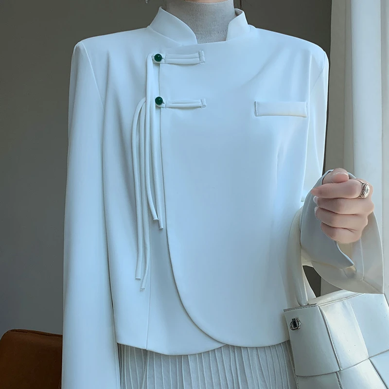 国风复古时尚上衣中式设计师气质小众白色长袖立领盘扣女上衣