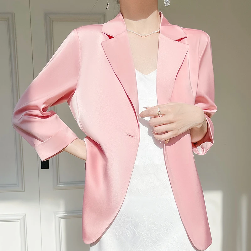 新气质韩版小西装七分袖时尚百搭设计感春夏缎面宽松纯色通勤西服