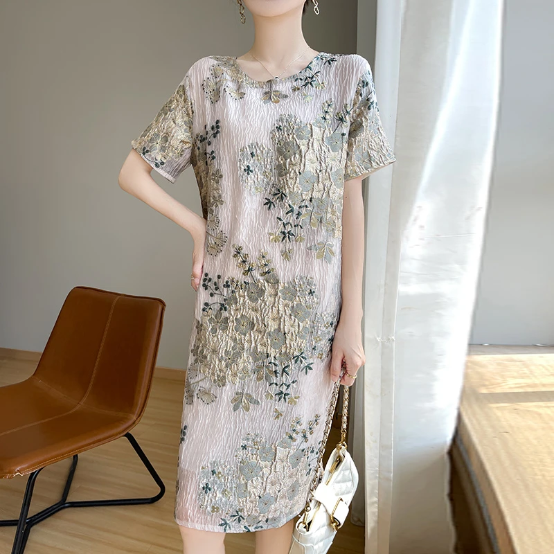 洋气宽松连衣裙重工金丝提花刺绣阔版A字裙显瘦中长款女装复古