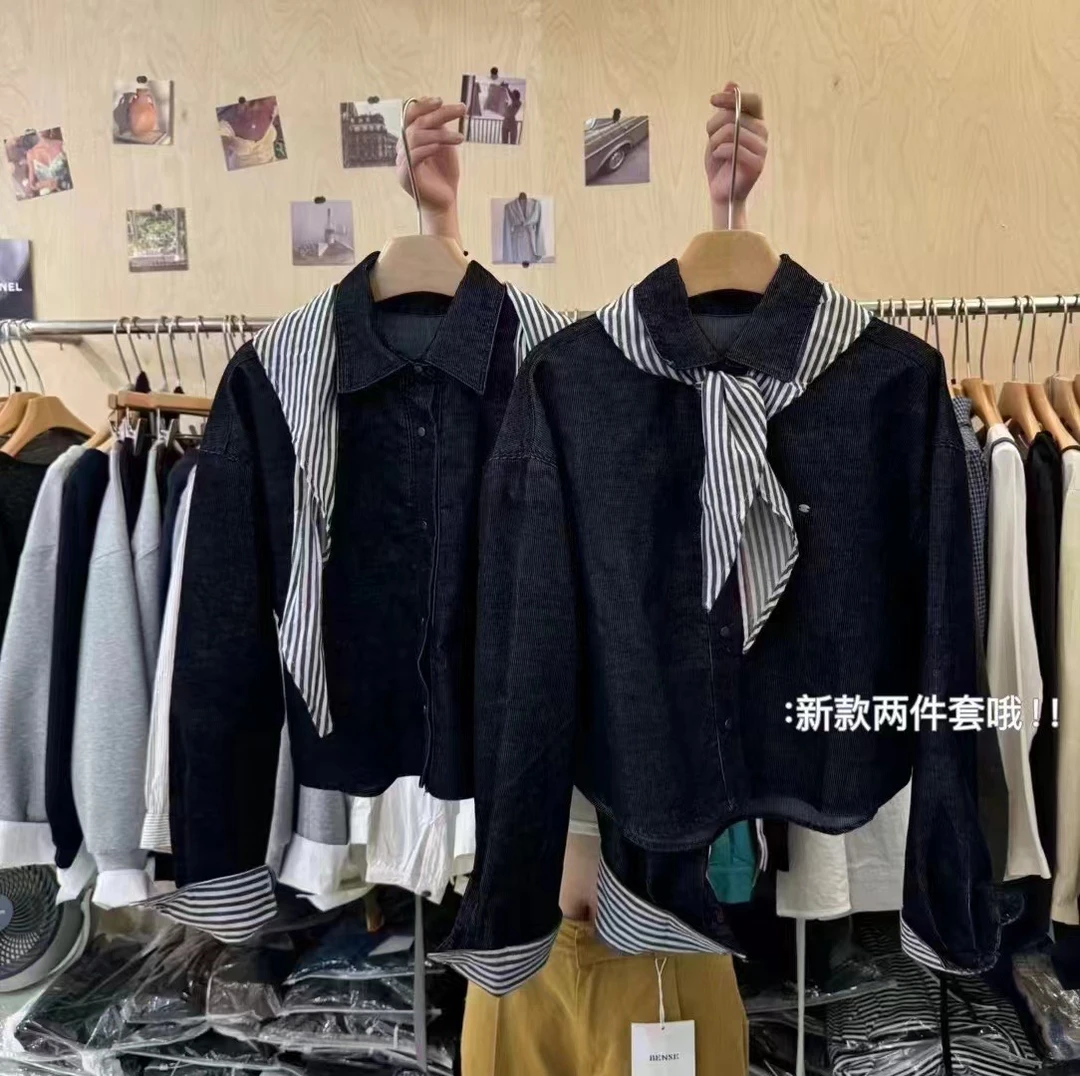 韩系通勤翻领条纹单排扣牛仔外套女装 季末清仓no退换