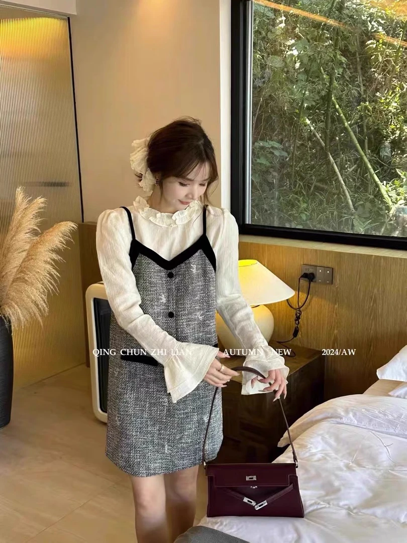 注：冲量款no退换 韩版喇叭袖小香风刺绣吊带连衣裙女秋季两件套装