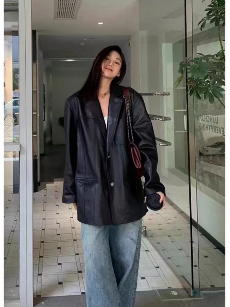 黑色PU皮西装皮衣外套女2024年秋新款  季末清no退换