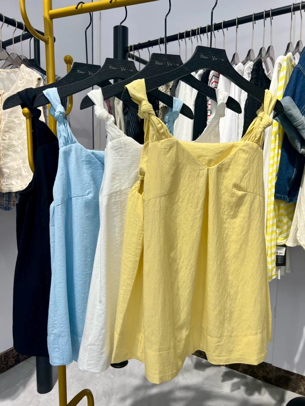 夏季韩版甜美宽松百搭扭结褶皱多巴胺色无袖显瘦高级感吊带背心女