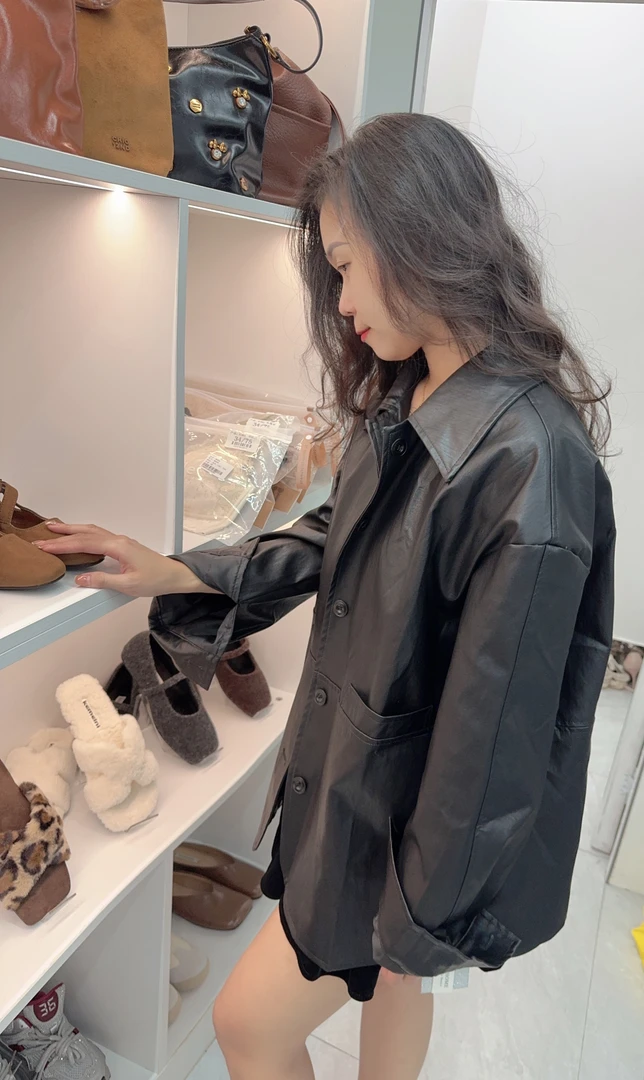 2024秋慵懒复古风黑色翻领pu皮衣机车服夹克外套女