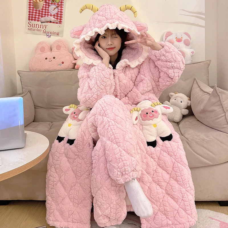 冬季三层夹棉睡衣女连帽加厚绒保暖晨袍可爱卡通家居服袍套
