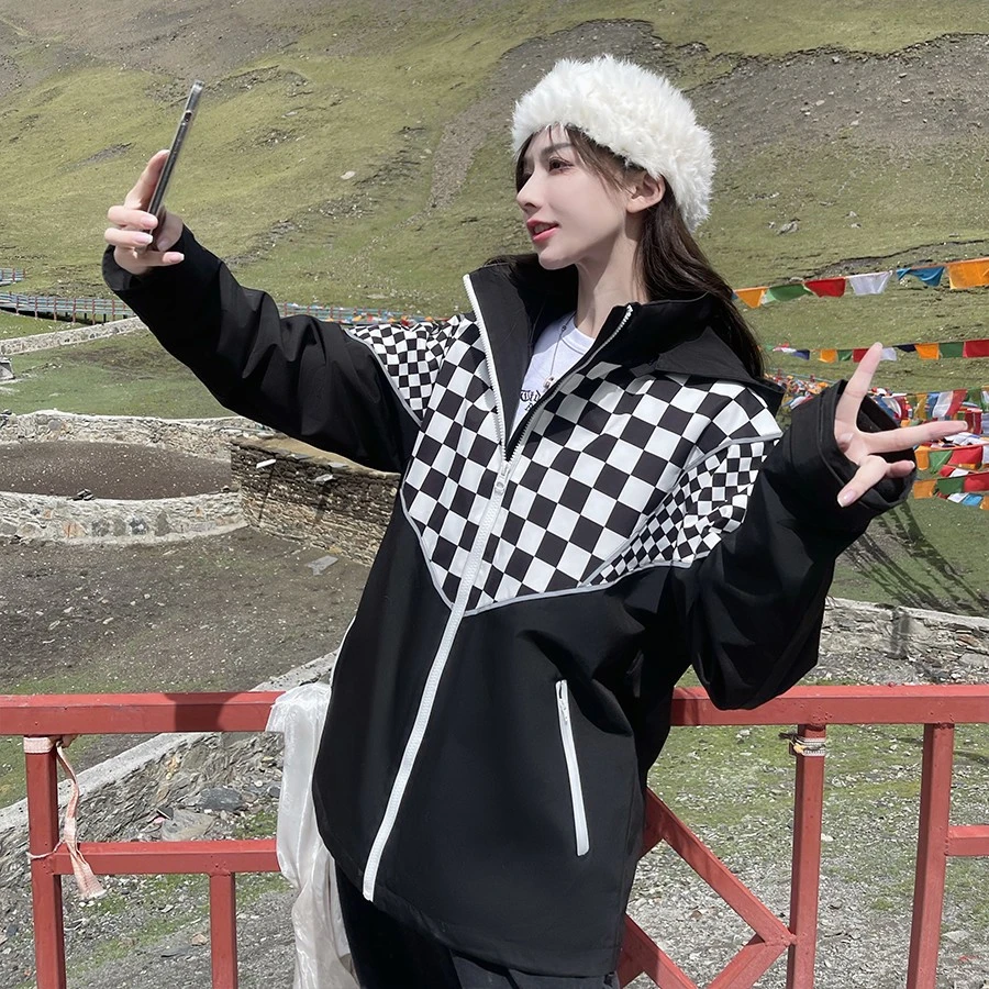 UHMU黑白格明星同款3M反光条户外冲锋衣女2件套防风防水进藏外套