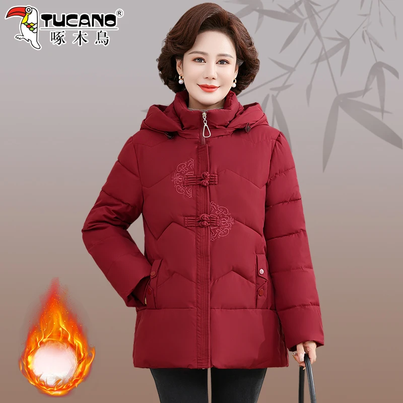 【官方】啄木鸟时尚妈妈棉衣棉服女新款冬季中老年女装加厚保暖外套