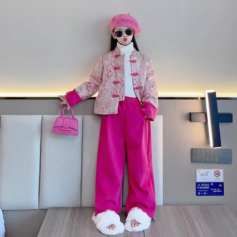 女童套装秋冬装2024新款时髦洋气中式唐装年服中大儿童冬季丝棉服