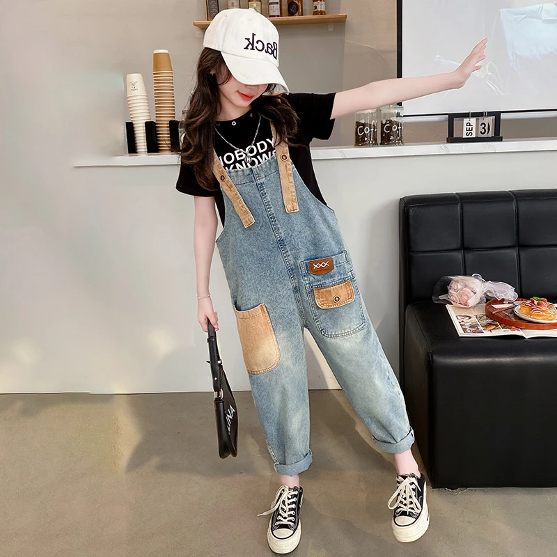 女童牛仔背带裤夏季2024新款6-12岁15岁中大童洋气宽松百搭两件套