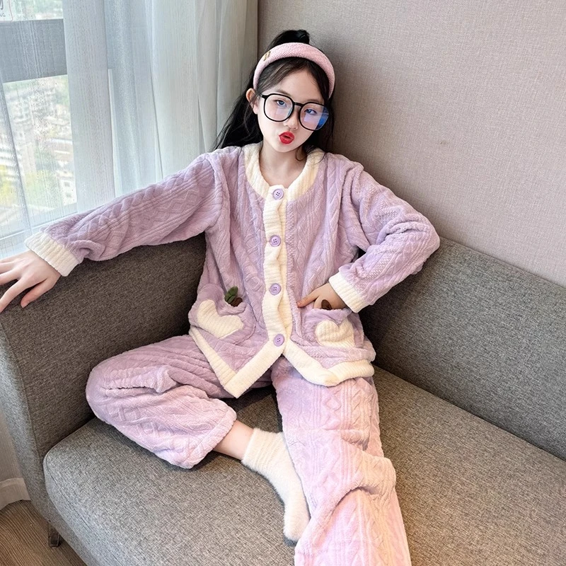 儿童睡衣冬季珊瑚绒2024新款初中生女孩法兰绒套装女童秋冬家居服