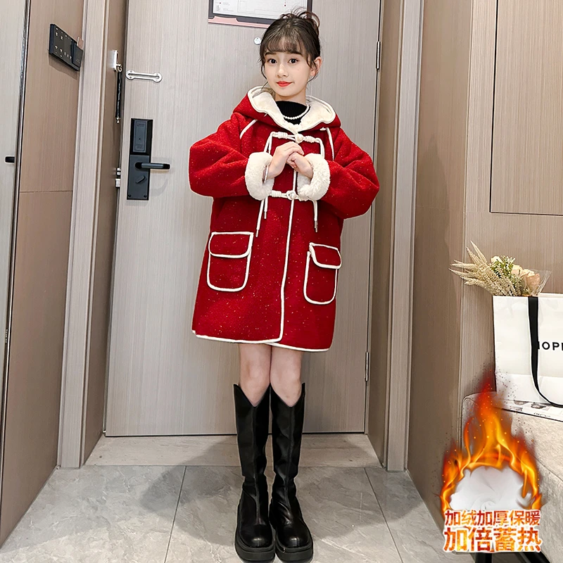 女童拜年服呢子大衣2024新款6-12岁15岁中大儿童时尚蓄热加厚外套