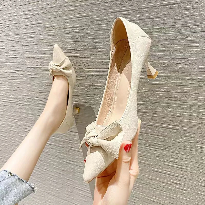 细跟高跟鞋女2025职业春季尖头气质软皮黑色鞋子蝴蝶结尖头单鞋女