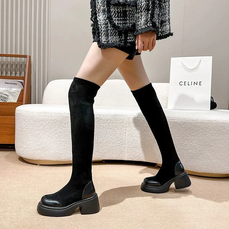 厚底弹力靴瘦瘦靴增高小个子短长筒靴不过膝包腿显瘦高筒骑士靴女