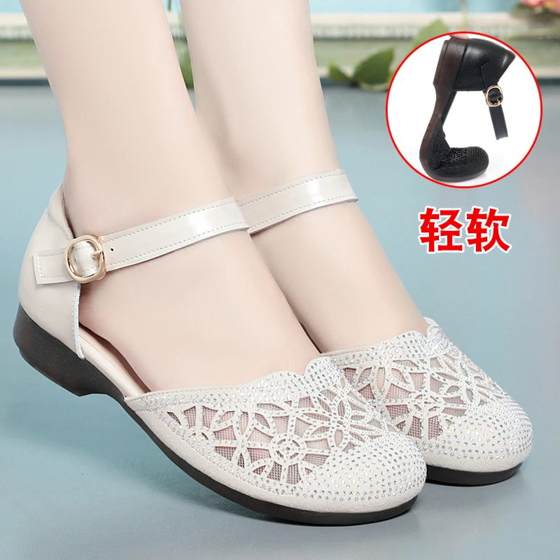 中年妈妈鞋夏季凉鞋包头网纱单鞋女平底中老年软底软平底女鞋大码