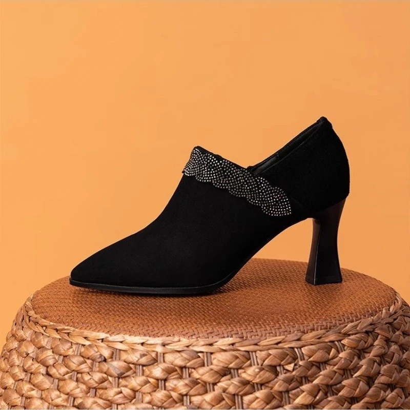 磨砂皮粗跟高跟鞋女2025新款秋季深口单鞋女春秋中跟软皮皮鞋秋冬