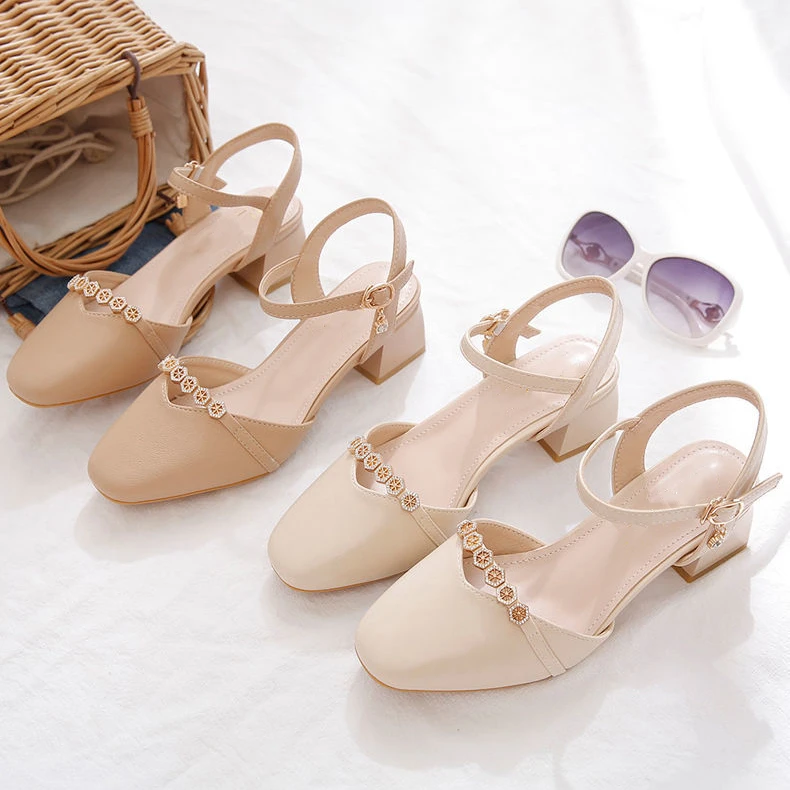 凉鞋夏季女款2025粗跟高跟鞋不累脚一字带方头中跟软皮单鞋配裙子