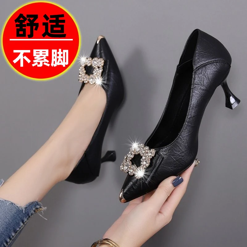 2025年新款方扣水钻黑色高跟鞋女细跟小众设计感不累脚尖头单鞋女