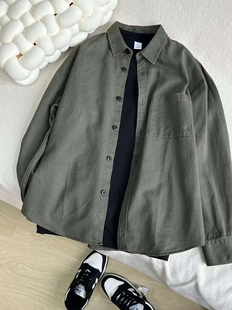 2024年春季纯棉衬衫衬衣男军绿色男式衬衣休闲百搭长袖男士衬衣