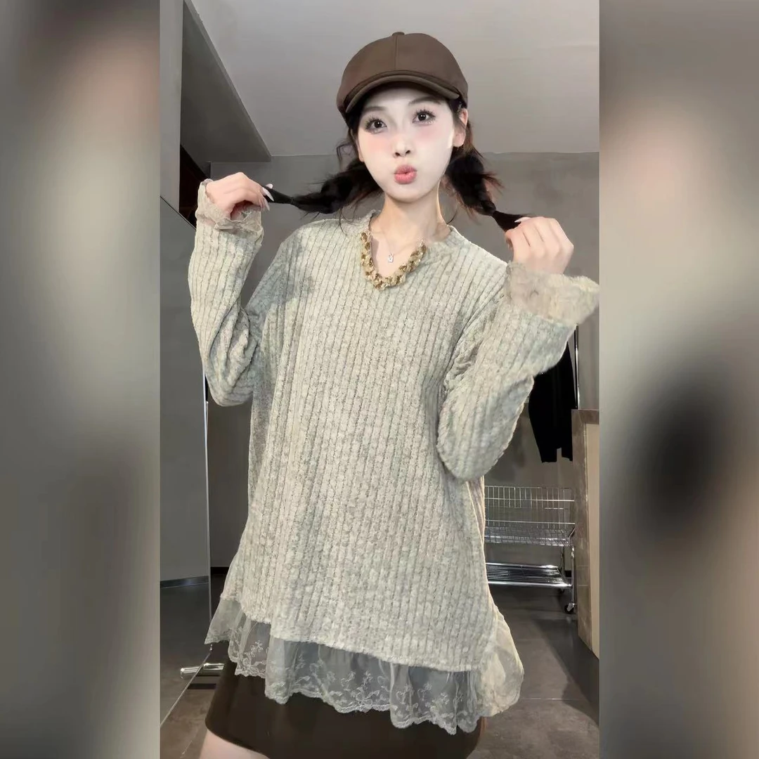 蕾丝打底春秋U型领拼接蕾丝打底纹理感百搭小众设计蕾丝打底女