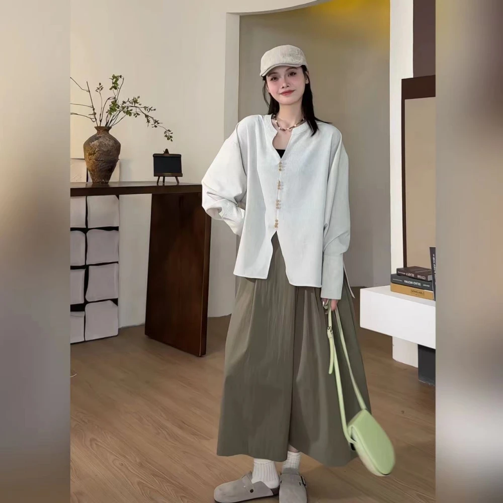 衬衫【薄荷奶杏】秋季设计感细腻竹节纹理长袖衬衫女青C20300