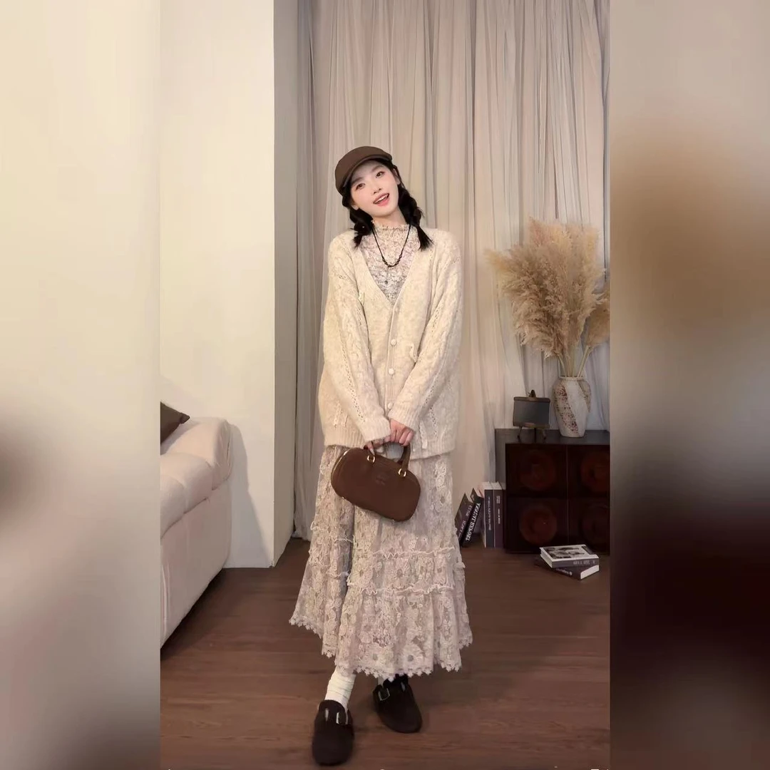 50109针织衫【旧信笺】早秋新款蕾丝花温柔复古长袖针织开衫气质