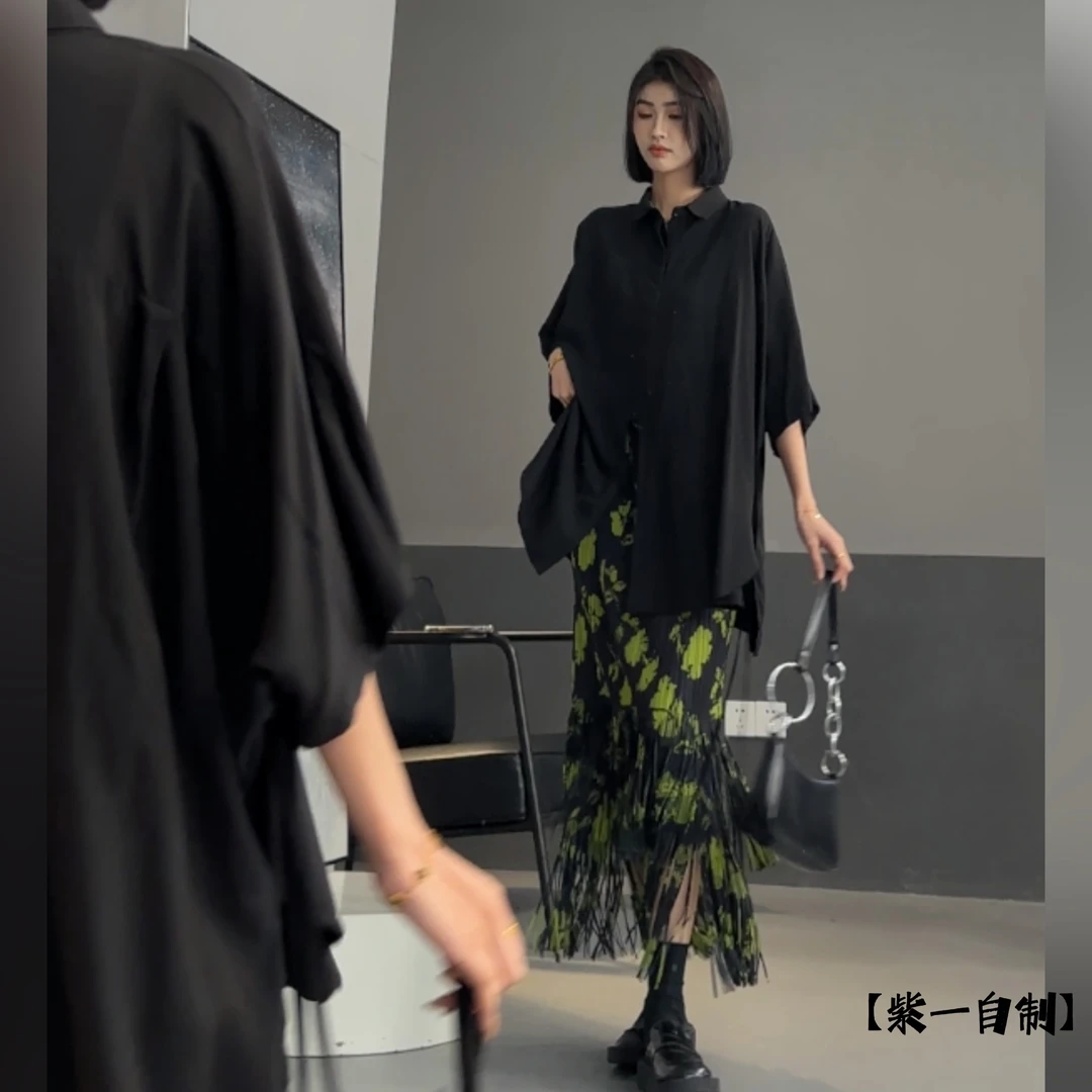 70052【清】绿色流苏印花半身裙女70052