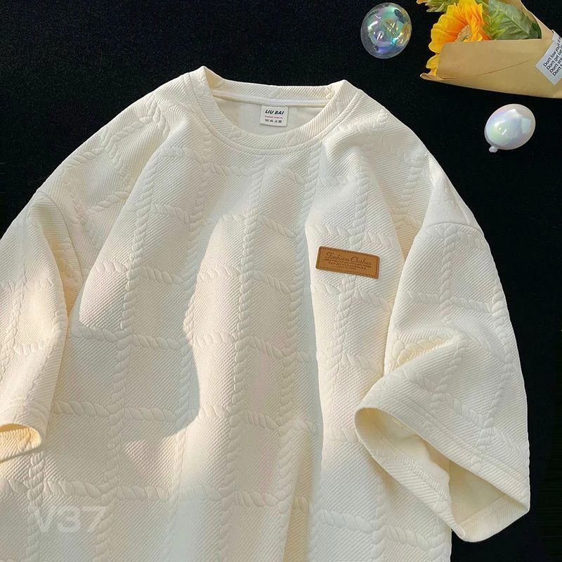 设计感小众纹理提花重磅短袖t恤男款夏季新款百搭潮流情侣五分袖