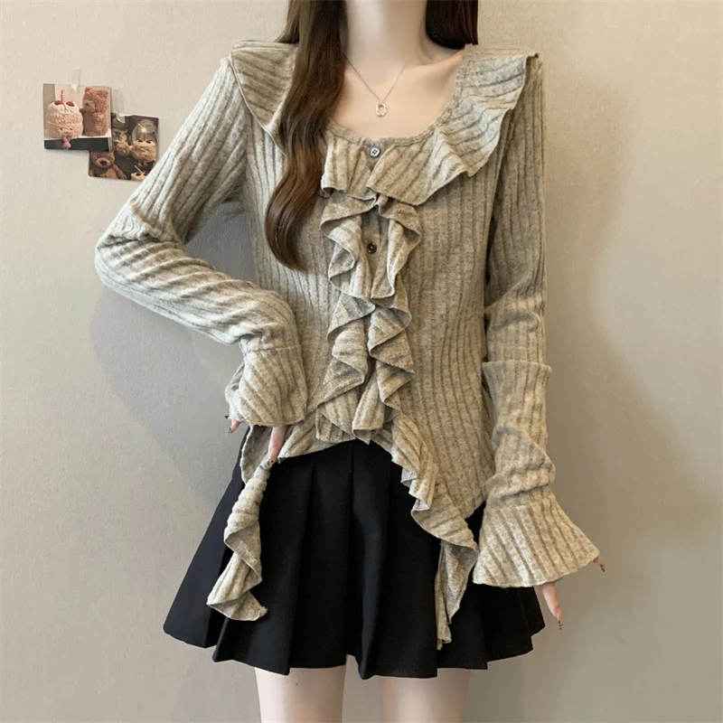 2024秋季新款时尚休闲荷叶边纯色长袖上衣