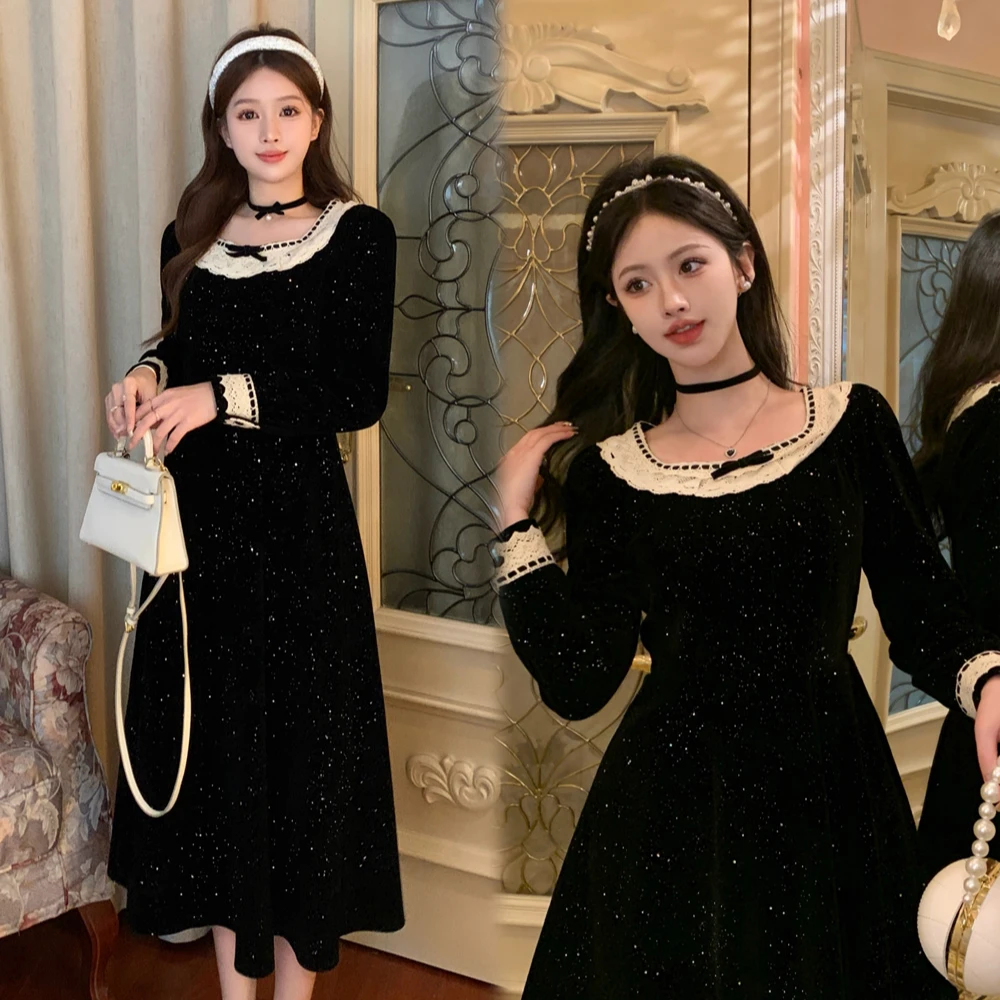 【朵朵】女装赫本风黑色连衣裙长袖复古法式气质秋女方领连衣裙
