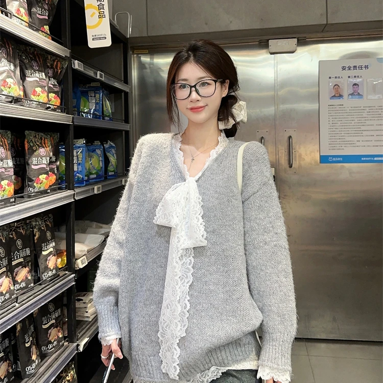 大码蕾丝可爱百搭毛衣外套宽松加厚慵懒风套头针织衫女18501