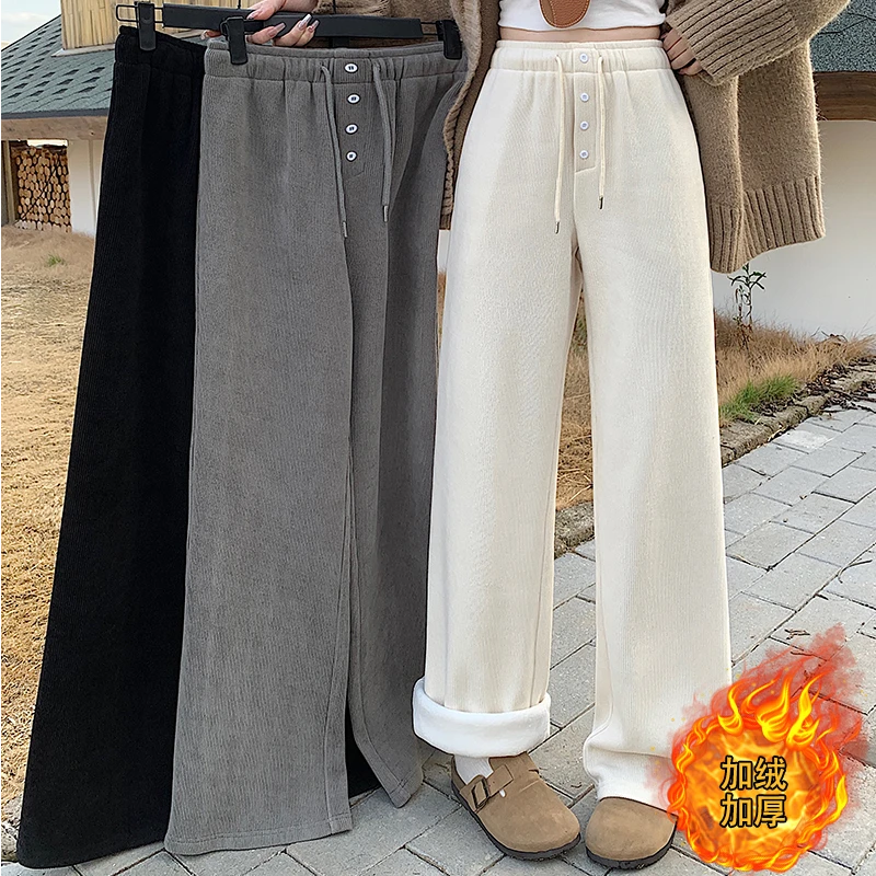 2024秋冬新款胖mm大码女加绒加厚休闲百搭纽扣抽绳阔腿裤33323