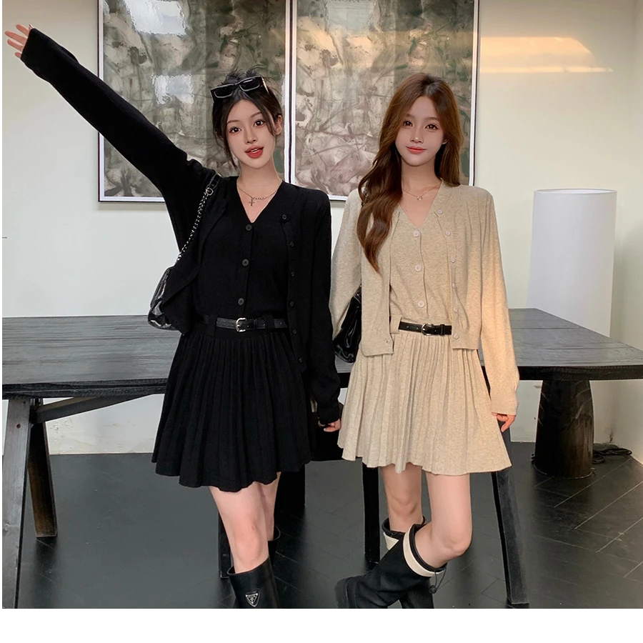 大码女装秋季高级感针织开衫+吊带连衣裙两件套胖MM显瘦