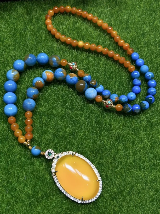 Y087 精品海蓝之谜项链14mm➕黄丹玛瑙吊坠