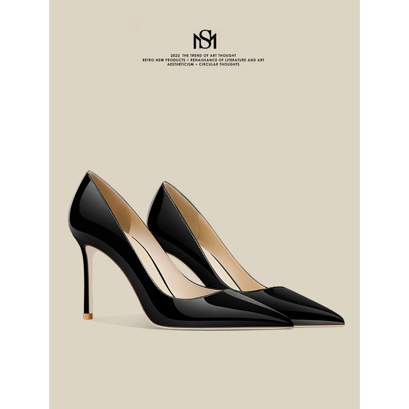 米诗拉【漆皮系列】黑色高跟鞋女2024新款细跟不累脚面试职业工作鞋