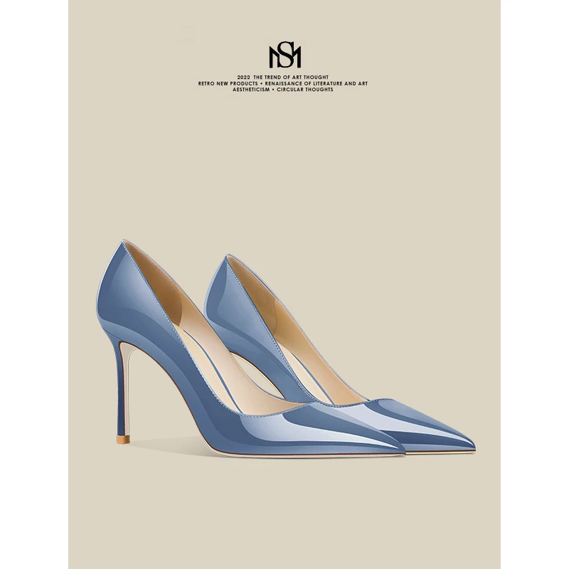 米诗拉【漆皮系列】雾霾蓝高跟鞋女2024夏季新款配裙子绝美细跟单鞋