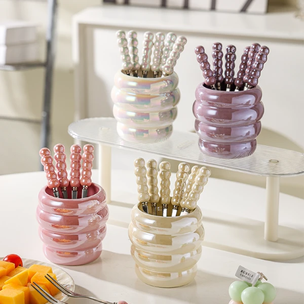 创意可爱陶瓷手柄304不锈钢水果叉套装家用轻奢甜品点心叉零食签