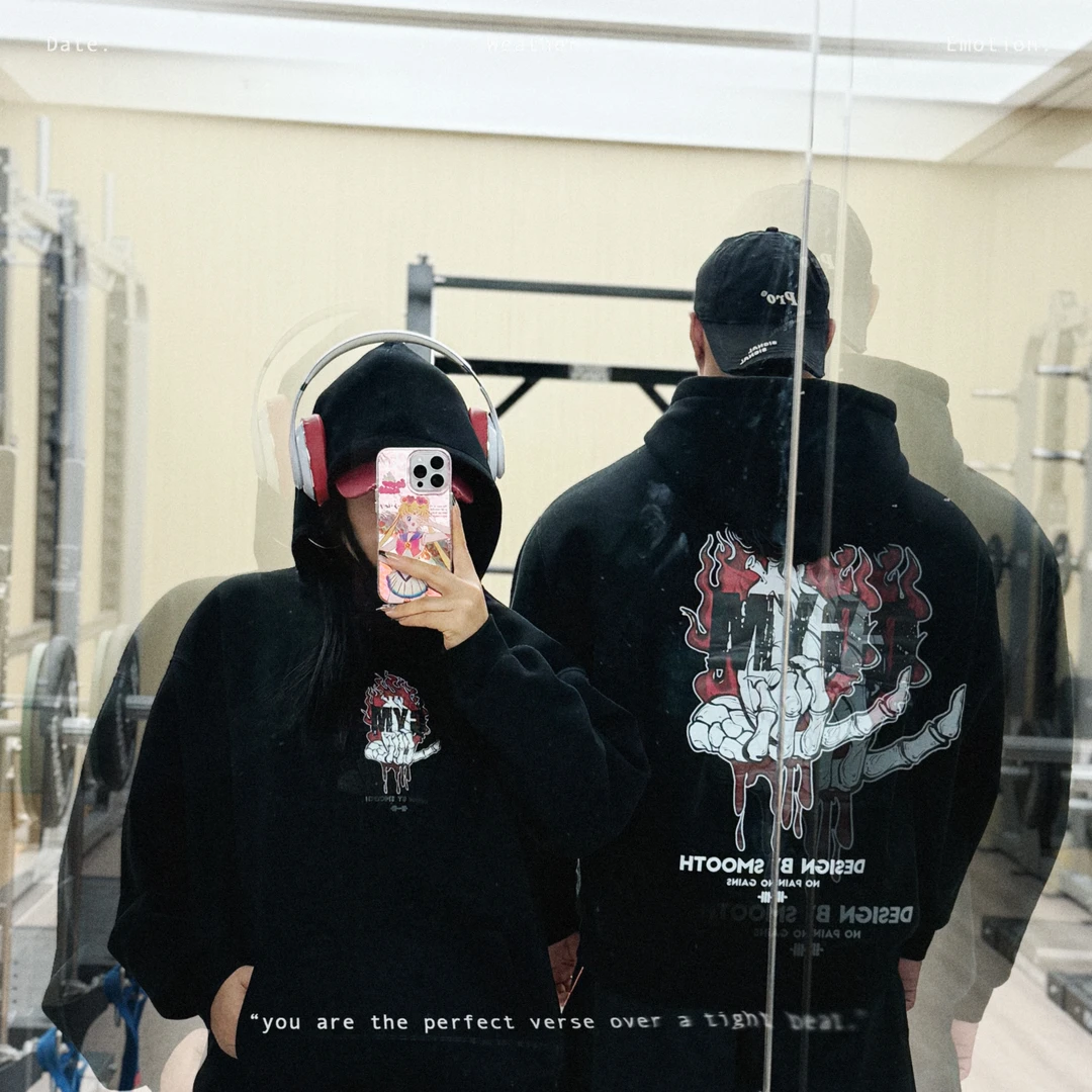 原创健身撸铁运动加厚国潮卫衣休闲情侣装连帽宽松潮流印花带帽