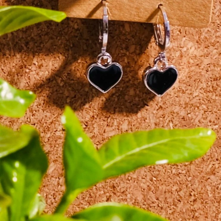 铜合金耳饰 925纯银针黑色爱心滴油耳饰手工素款个性小众