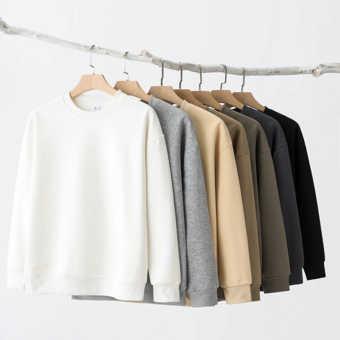 秋冬季加绒圆领纯色卫衣400g重磅新疆棉宽松套头情侣打底卫衣男女