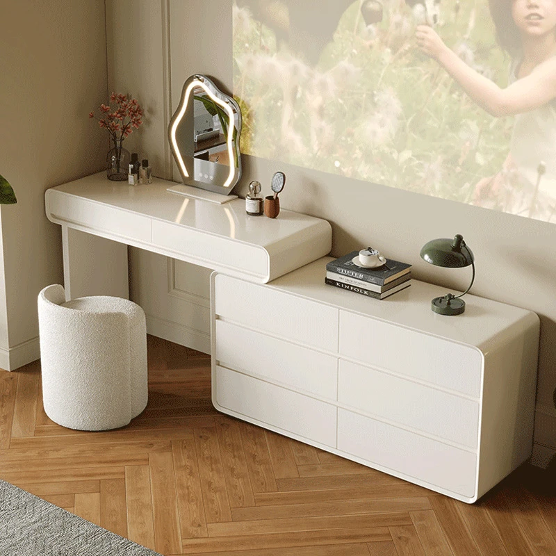 白色奶油风梳妆台收纳柜一体现代简约卧室可伸缩化妆桌实木烤漆白