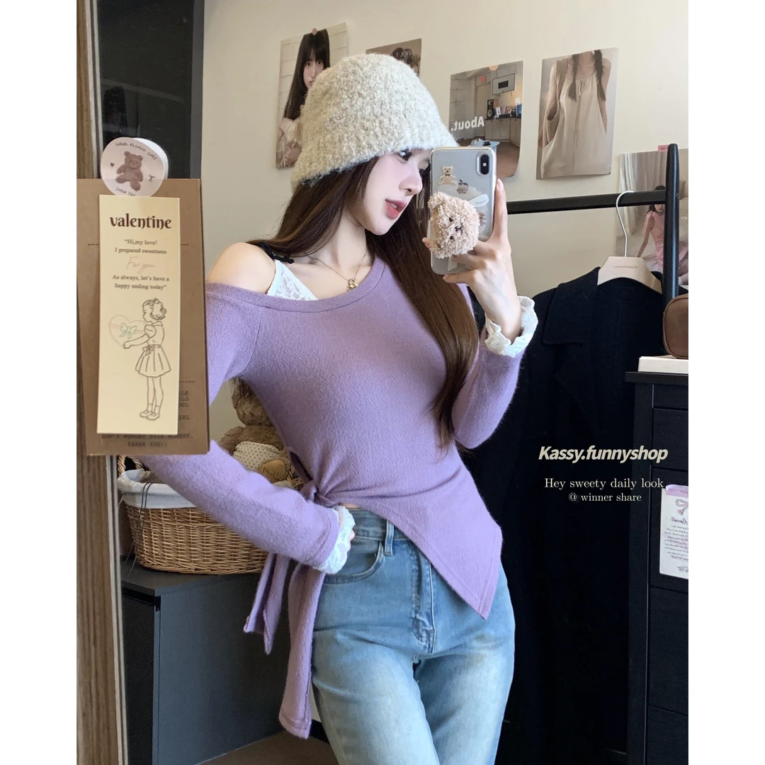 法式蕾丝拼接露肩针织衫女装早秋季不规则绑带修身内搭设计感上衣