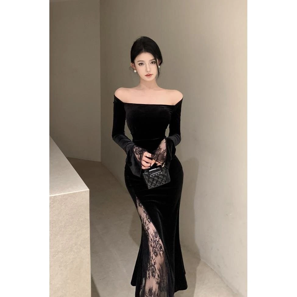 一字肩黑色丝绒长袖连衣裙女秋季蕾丝拼接修身收腰气质包臀长裙子