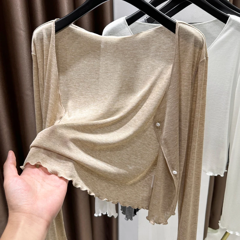 卡其色V领小开衫薄款上衣爆款2024新款木耳边长袖外搭小坎肩披肩