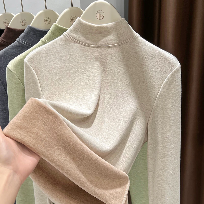 白色半高领打底衫女2025秋冬新款德绒长袖保暖上衣内搭基础款T恤
