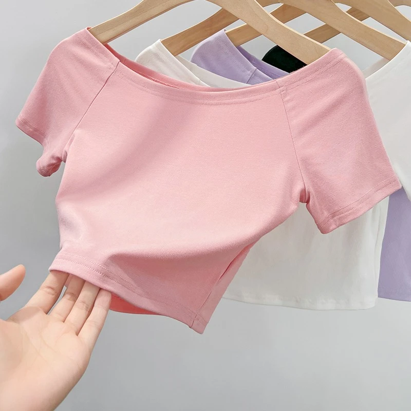 白色短袖t恤女夏季薄款一字领修身显瘦打底高腰露脐短款辣妹上衣