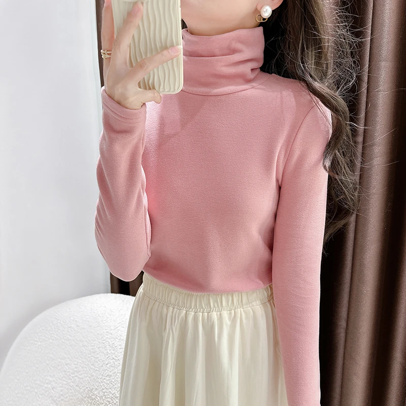 粉色双面德绒长袖打底衫上衣女秋冬加厚保暖堆堆领内搭T恤肌底衣